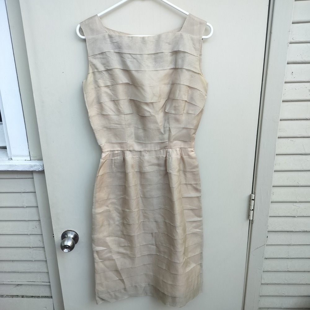 1960s Custom Tailored Justin McCarty Sleeveless Sheath Dress‎ Beige Size Small